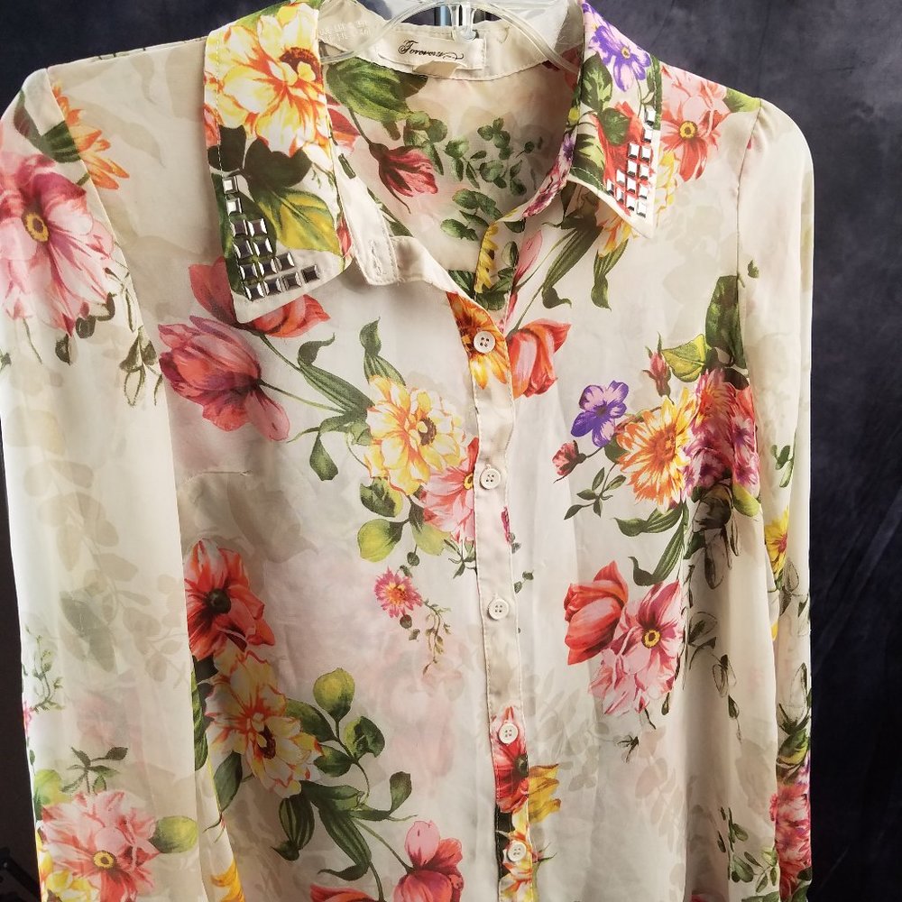 Sheer Floral Button Up Blouse